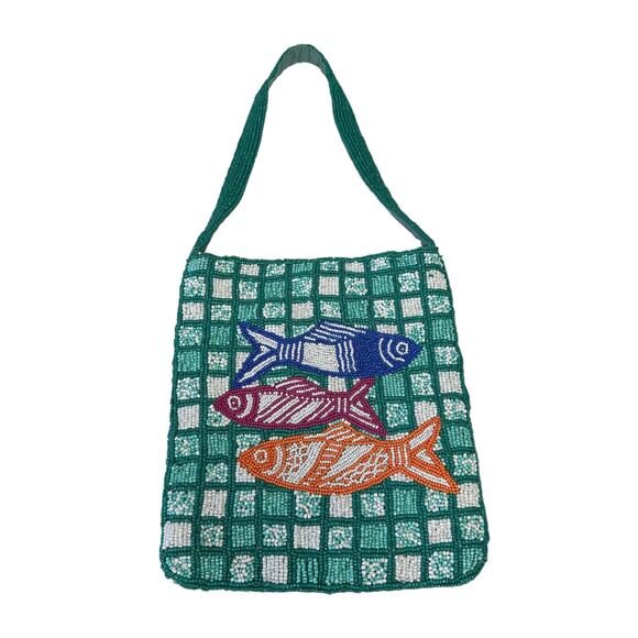 Zara Green Multicolor Beaded Sardine Fish Print Mini Bucket Single Strap Bag - Picture 1 of 5